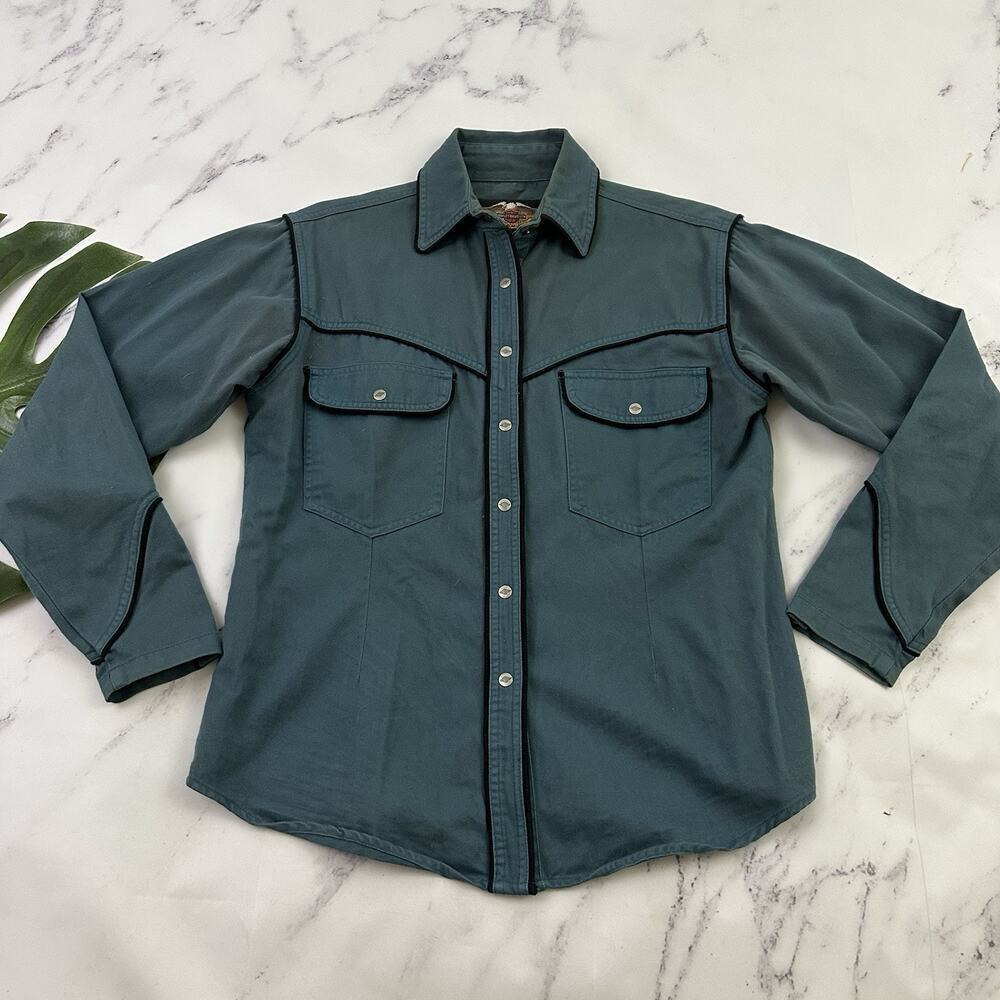 Harley Davidson Womens Snap Front Denim Shirt Size S Blue Black Embroidered
